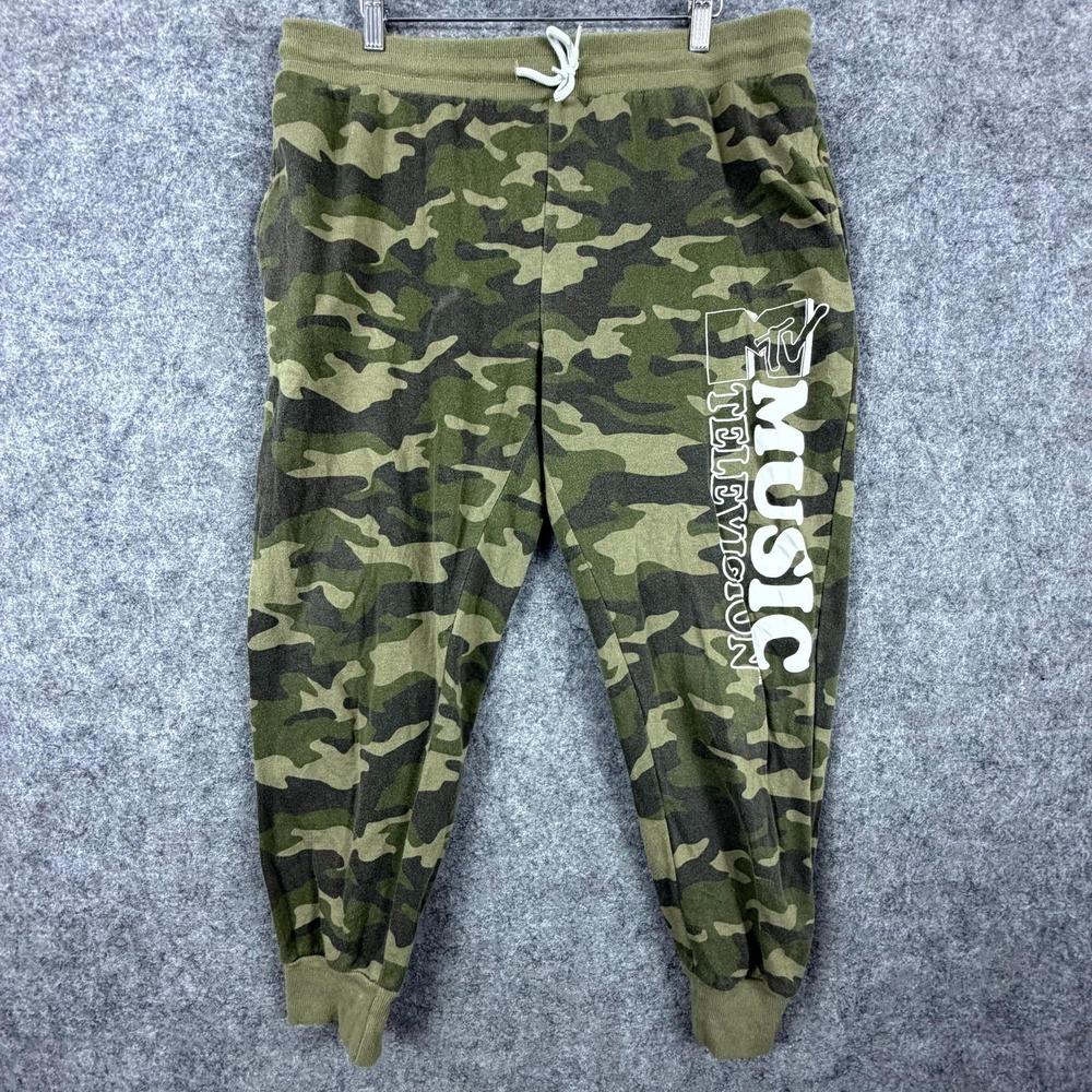 Mtv Sweatpants Mens 2XL Green Camo Music Television 90s Y2K Spellout Logo Fleece